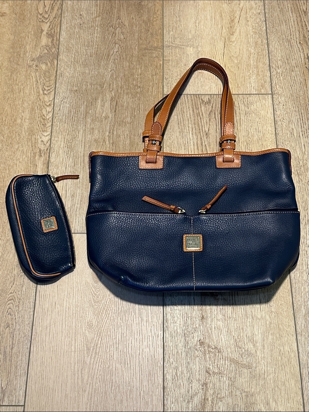 Dooney and Bourke Dillen Navy Pebble Leather Double Pocket Convertible Shopper